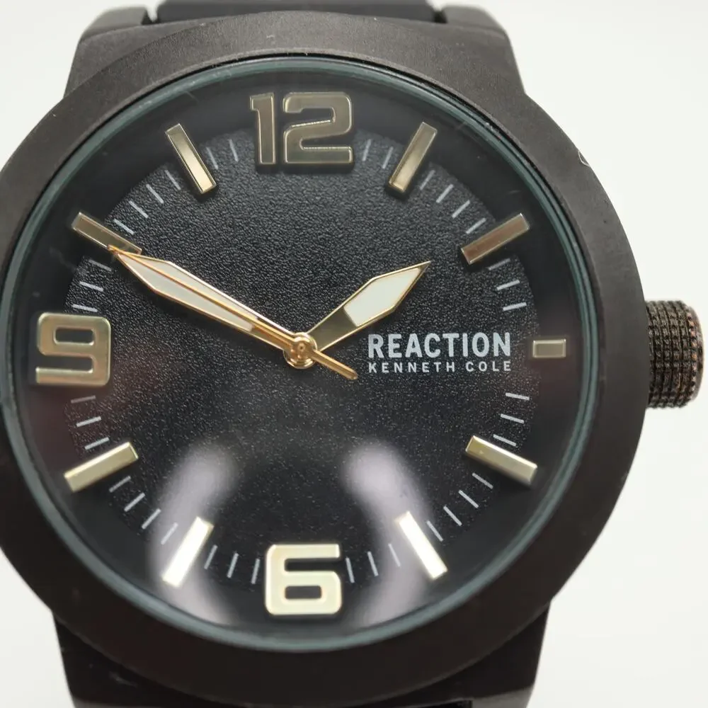 Kenneth Cole Reaction Mens Black Gold Tone Dress Watch 48mm w New Battery
